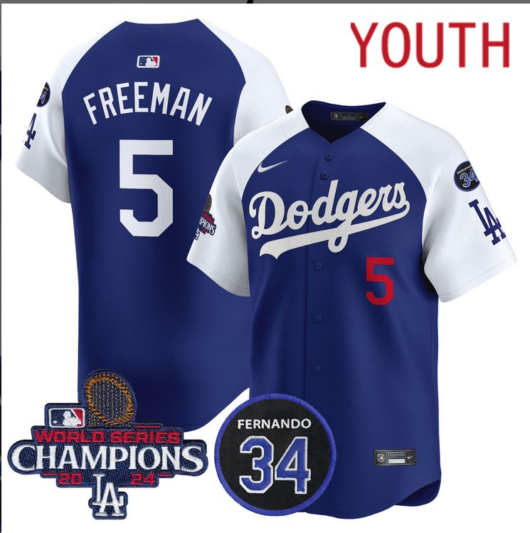 Youth MLB Los Angeles Dodgers #5 Freeman blue 2024 World Series Champions Patch Limited Jersey